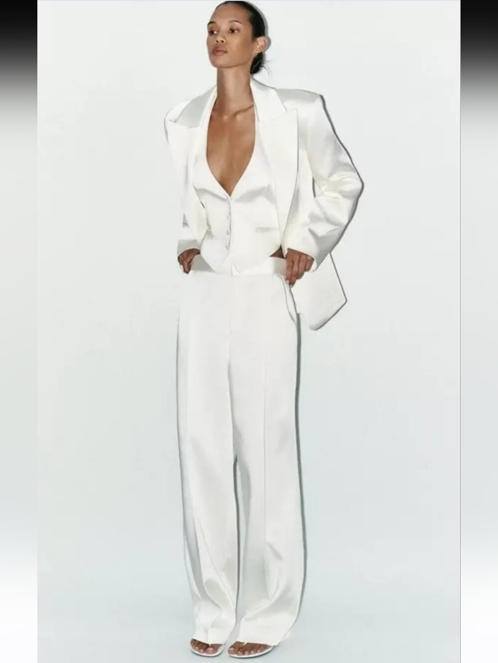 ZARA Satin Oyster-White Trousers Pants